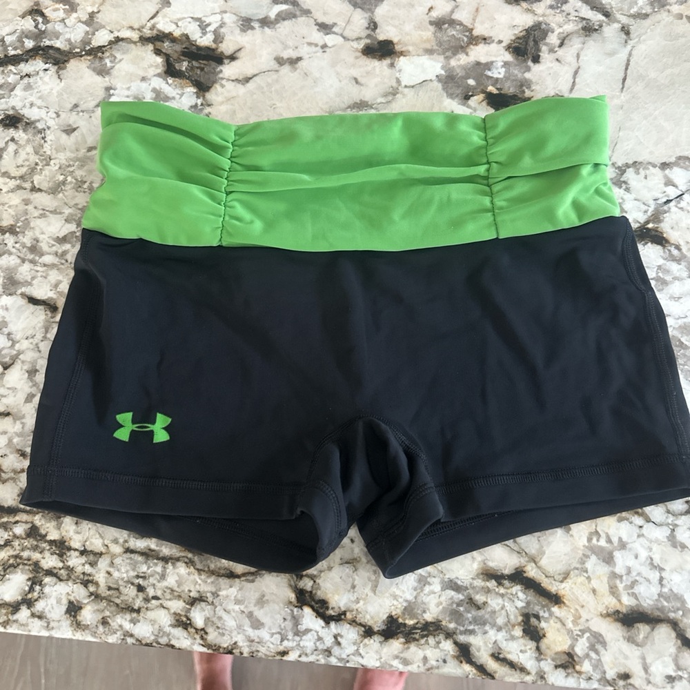 Under Armour Women's Shorts with Green Waistband and Black Body